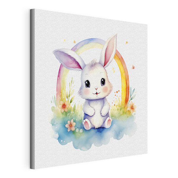 Een aquarel van een konijn met een regenboog Canvas Schilderijen Een aquarel van een konijn met een regenboog