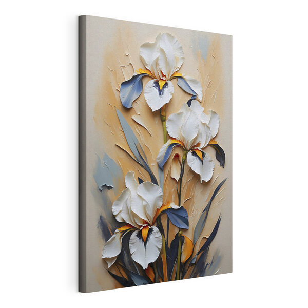 Een schilderij van witte bloemen en blauwe bladeren Canvas Schilderijen Een schilderij van witte bloemen en blauwe bladeren