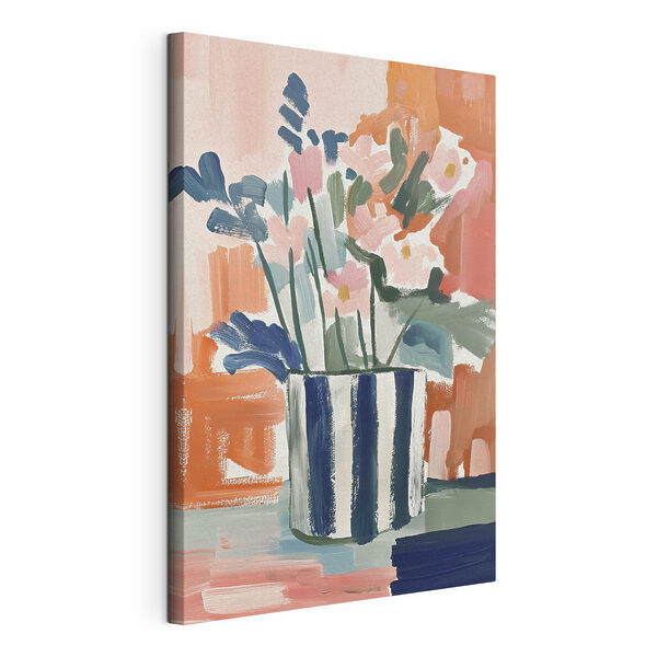 Een schilderij van bloemen in een gestreepte pot Canvas Schilderijen Een schilderij van bloemen in een gestreepte pot