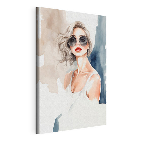 Een aquarel van een vrouw met zonnebril Canvas Schilderijen Een aquarel van een vrouw met zonnebril