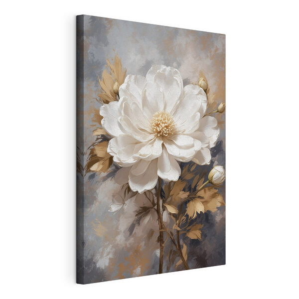 Een witte bloem met bruine bladeren Canvas Schilderijen Een witte bloem met bruine bladeren