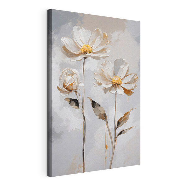 Canvas Schilderijen Een groep witte bloemen met bladeren