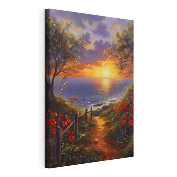 Een schilderij van een pad naar een waterlichaam met bloemen Canvas Schilderijen Een schilderij van een pad naar een waterlichaam met bloemen