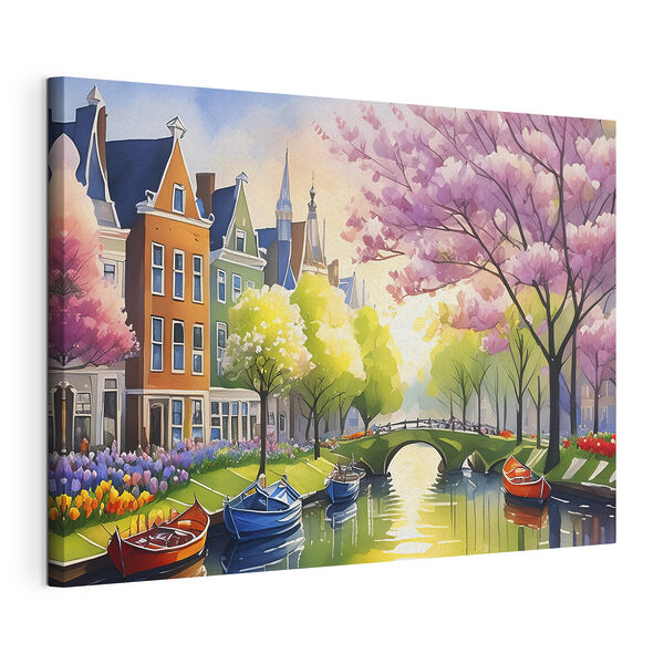 Een waterkanaal met boten en bomen en een brug Canvas Schilderijen Een waterkanaal met boten en bomen en een brug