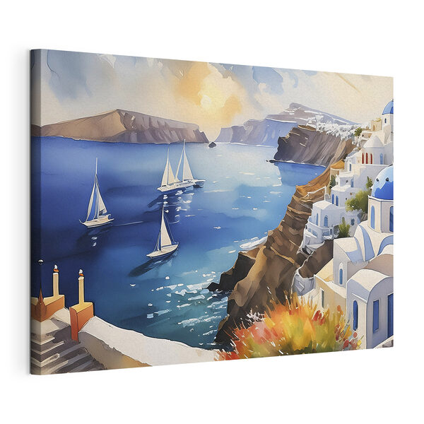 Een schilderij van een zee met boten en gebouwen Canvas Schilderijen Een schilderij van een zee met boten en gebouwen
