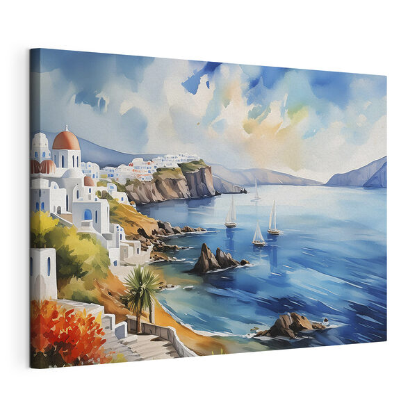 Een aquarelschilderij van een stad op een klif Canvas Schilderijen Een aquarelschilderij van een stad op een klif