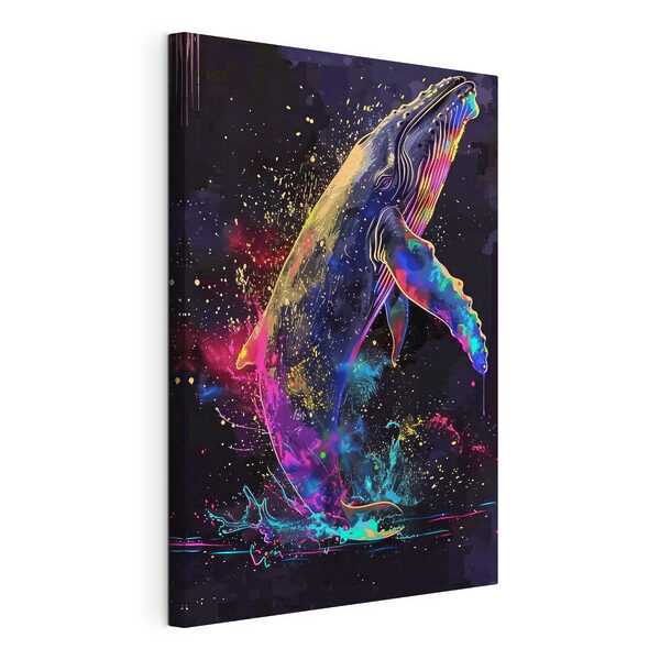 Een kleurrijke walvis met regenboogspatten Canvas Schilderijen Een kleurrijke walvis met regenboogspatten