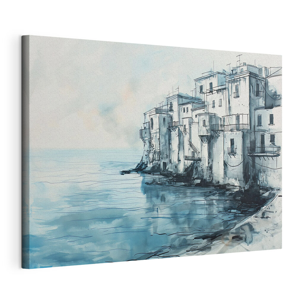 A watercolor of a building next to a body of water A watercolor of a building next to a body of water