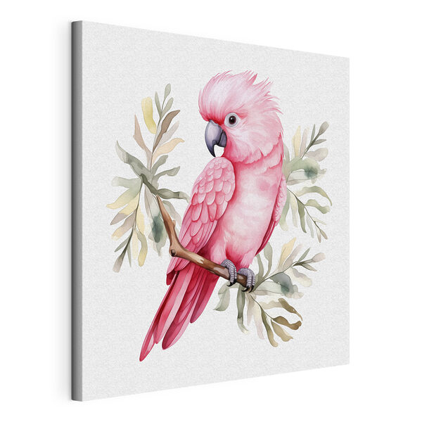 Een roze vogel op een tak Canvas Schilderijen Een roze vogel op een tak