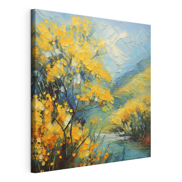 Canvas Schilderijen Een schilderij van een rivier met gele bloemen