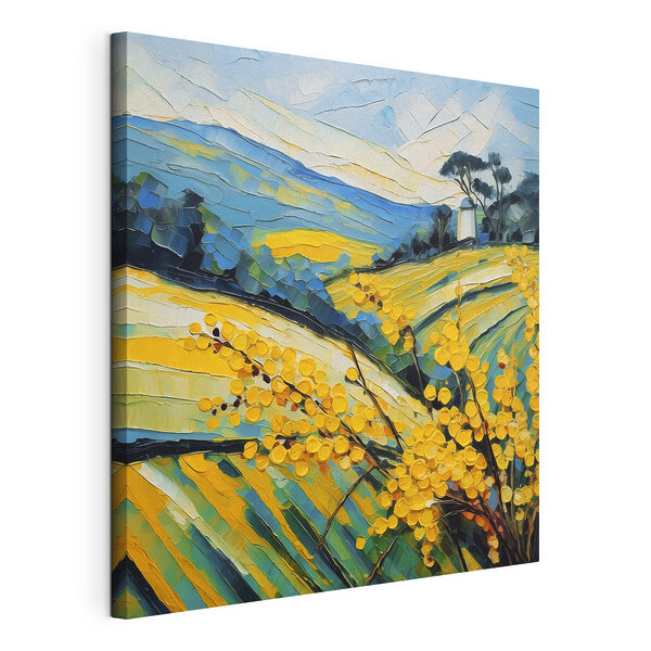 Canvas Schilderijen Een schilderij van een veld met gele bloemen