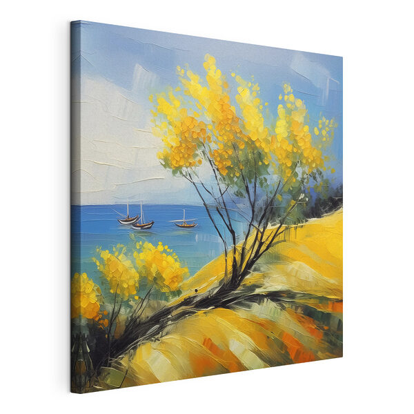 Canvas Schilderijen Een schilderij van een gele boom en boten in het water