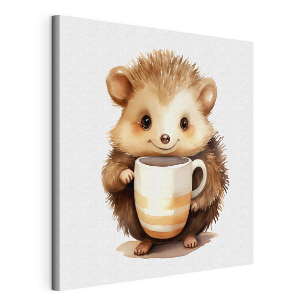 Canvas Schilderijen Een aquarel van een egel die een kopje vasthoudt