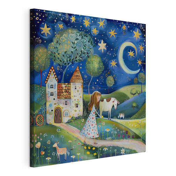 Meisje wandelend op een pad met een koe en een huis Canvas Schilderijen Meisje wandelend op een pad met een koe en een huis
