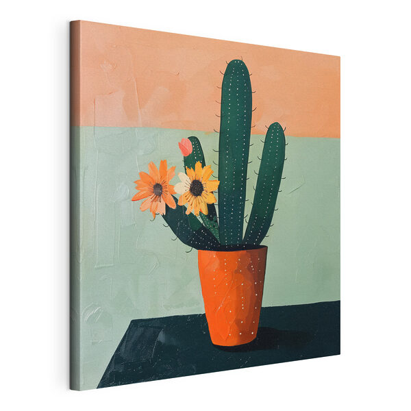 Canvas Schilderijen Schilderij van een cactus met bloemen in een pot
