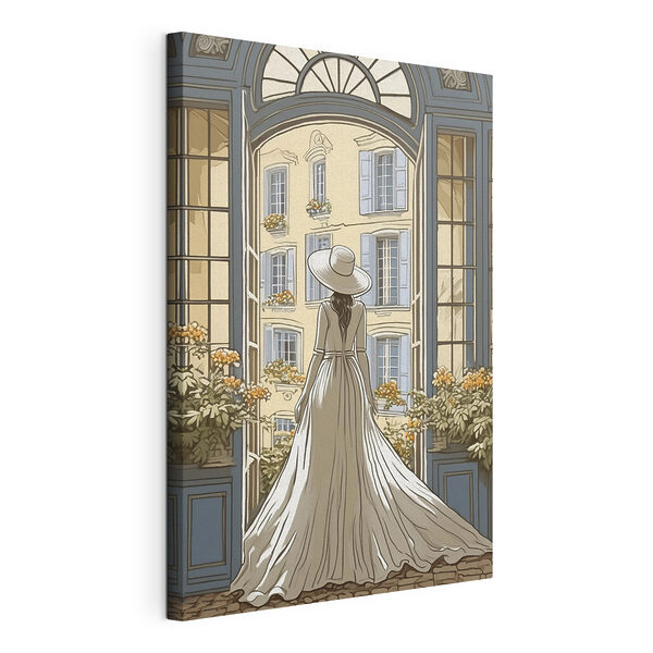 Vrouw in een jurk en hoed kijkt uit een raam Canvas Schilderijen Vrouw in een jurk en hoed kijkt uit een raam