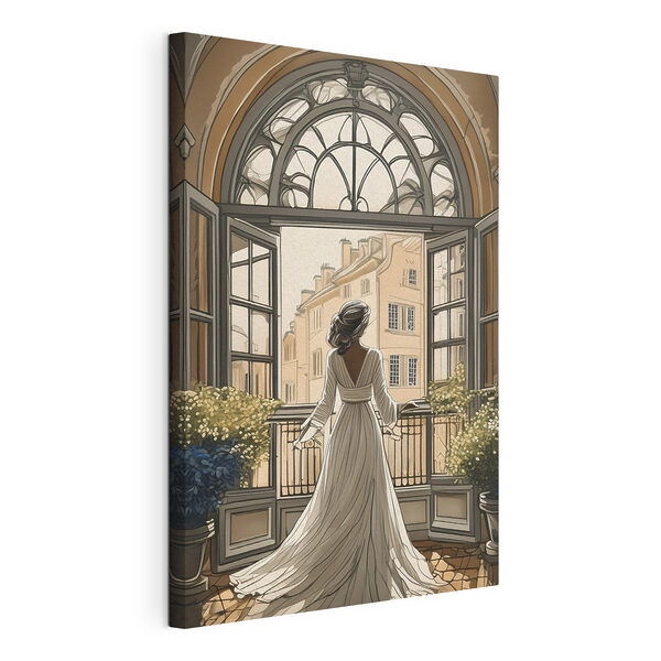 Vrouw in een witte jurk kijkt uit een raam Canvas Schilderijen Vrouw in een witte jurk kijkt uit een raam