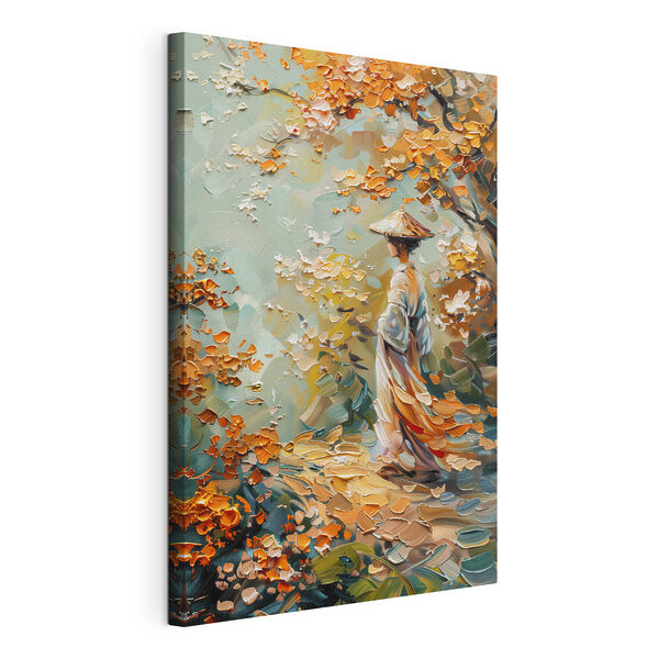 Canvas Schilderijen Schilderij van een vrouw wandelend in een park