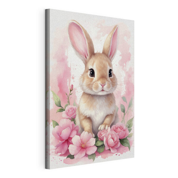 Konijn met roze bloemen Canvas Schilderijen Konijn met roze bloemen