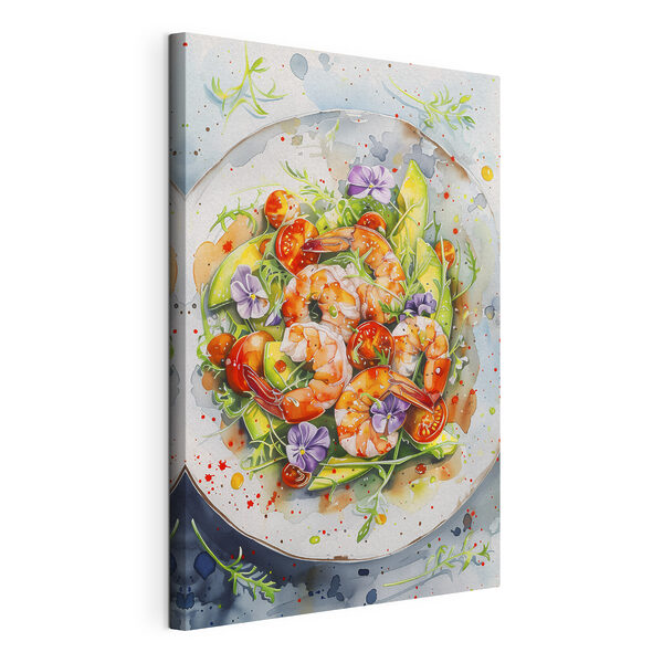 Aquarel van een bord garnalen en avocado Canvas Schilderijen Aquarel van een bord garnalen en avocado