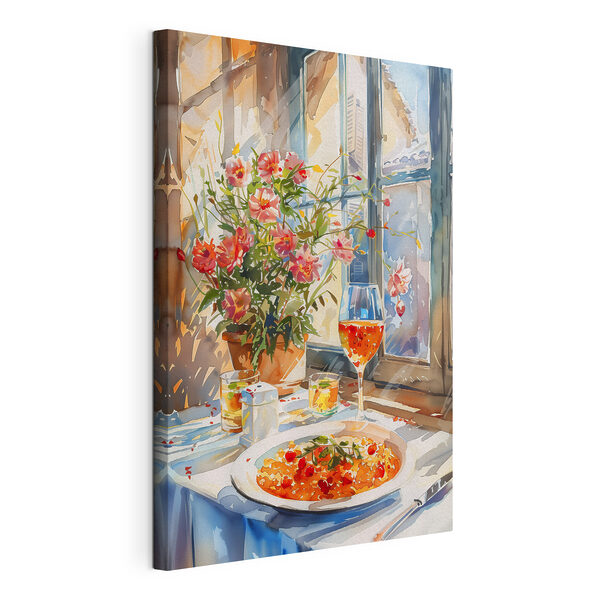 Aquarel van een tafel met eten en bloemen Canvas Schilderijen Aquarel van een tafel met eten en bloemen