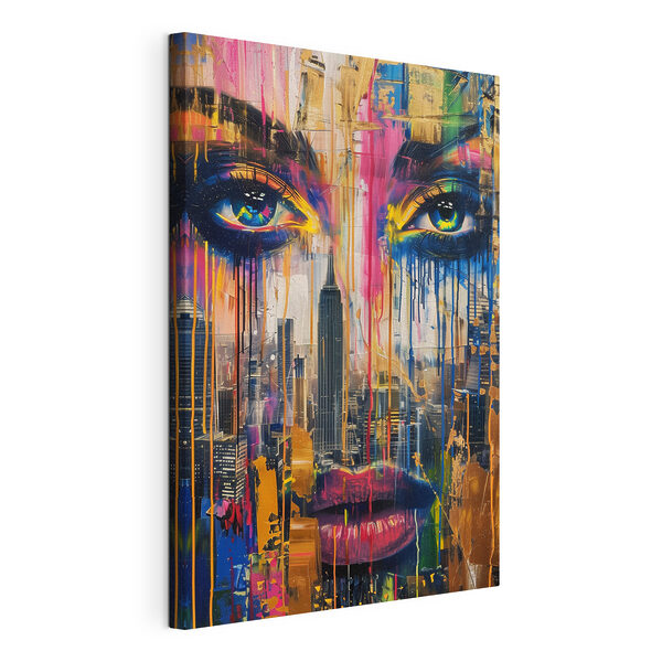 Canvas Schilderijen Schilderij van een vrouw’s gezicht met kleurrijke verf die naar beneden druipt