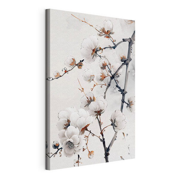 Elegante witte bloemen aan fijne takjes Canvas Schilderijen Elegante witte bloemen aan fijne takjes