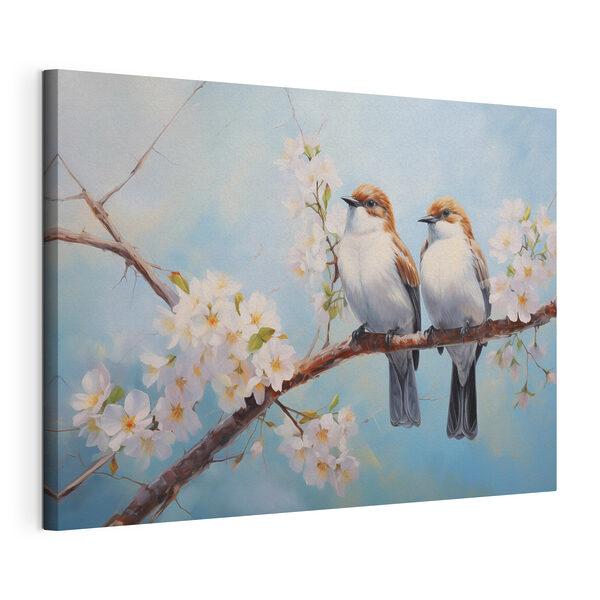 Canvas Schilderijen Twee vogels op een tak met witte bloemen