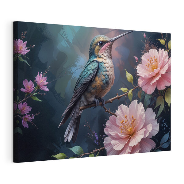 Vogel zittend op een tak met bloemen Canvas Schilderijen Vogel zittend op een tak met bloemen