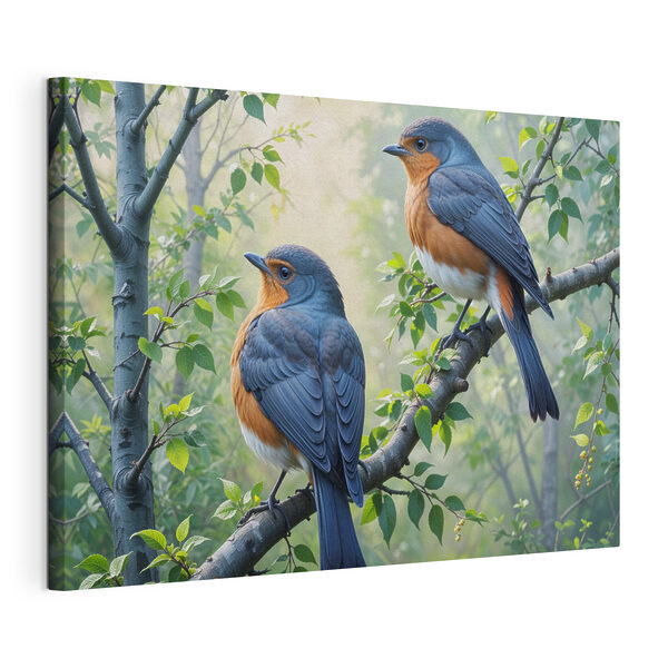 Canvas Schilderijen Twee vogels op een boomtak