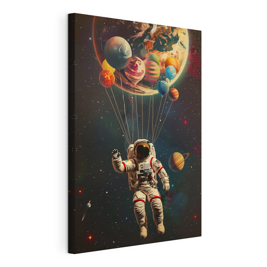 An astronaut floating in space with balloons
