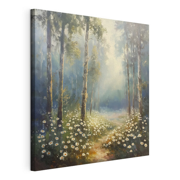 Canvas Schilderijen Schilderij van een bos met bloemen en bomen