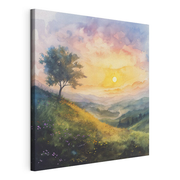 Schilderij van een landschap met een boom en bloemen Canvas Schilderijen Schilderij van een landschap met een boom en bloemen