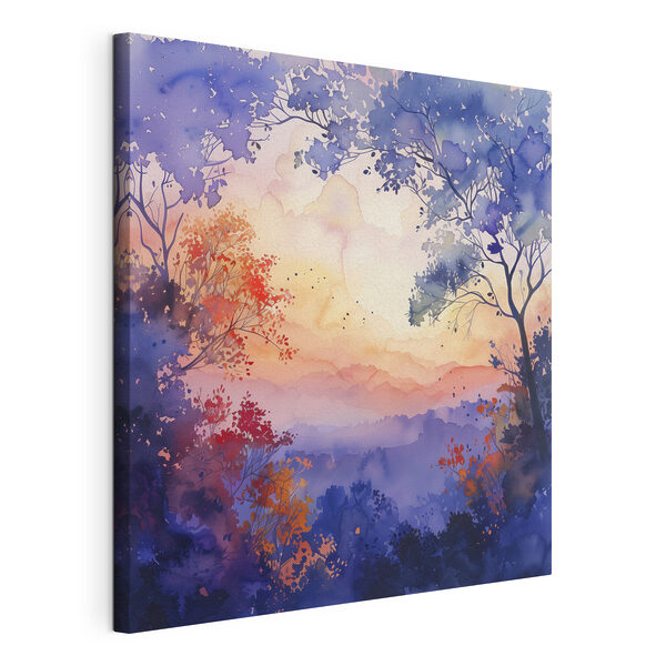 Canvas Schilderijen Aquarel van bomen en een zonsondergang