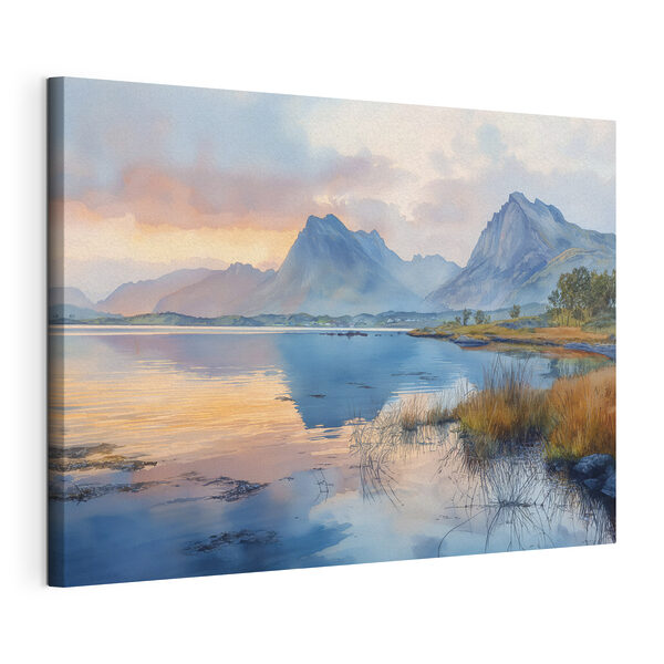 Water met bergen op de achtergrond Canvas Schilderijen Water met bergen op de achtergrond