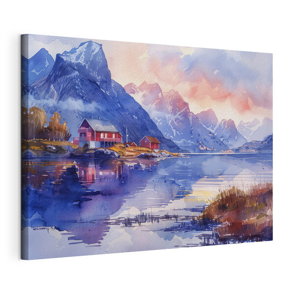 Aquarel schilderij van een huis op een heuvel naast een meer Canvas Schilderijen Aquarel schilderij van een huis op een heuvel naast een meer