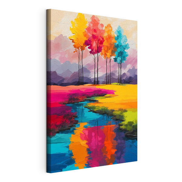 Canvas Schilderijen Schilderij van een rivier die door een veld met kleurrijke bomen stroomt