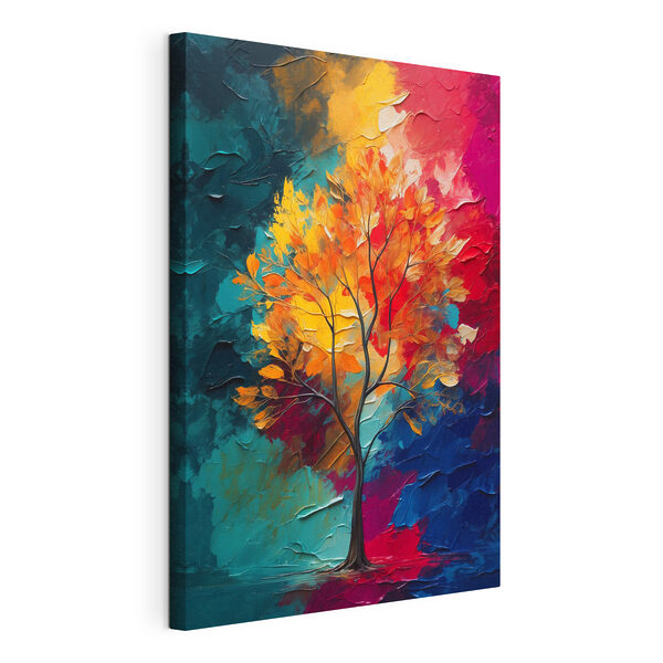 Schilderij van een boom met oranje en blauwe bladeren Canvas Schilderijen Schilderij van een boom met oranje en blauwe bladeren