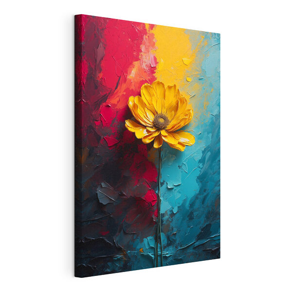 Gele bloem op een blauwe en rode achtergrond Canvas Schilderijen Gele bloem op een blauwe en rode achtergrond