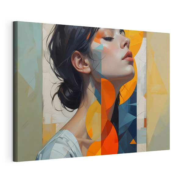 Vrouw met zwart haar en oranje en blauwe cirkels Canvas Schilderijen Vrouw met zwart haar en oranje en blauwe cirkels