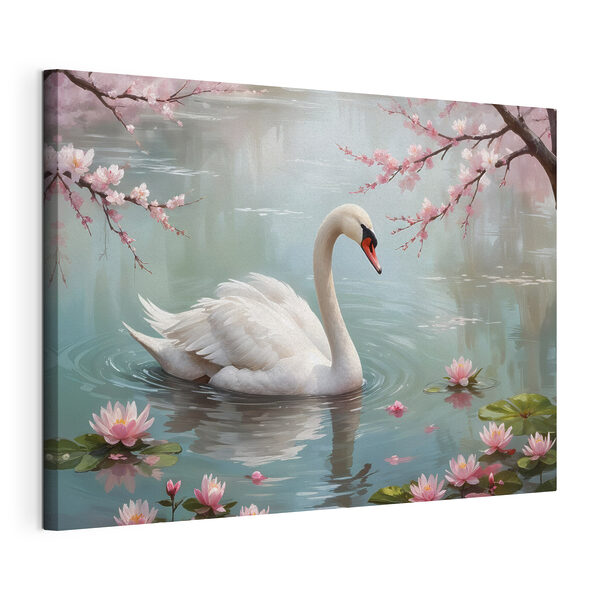 Canvas Schilderijen Witte zwaan in water met roze bloemen