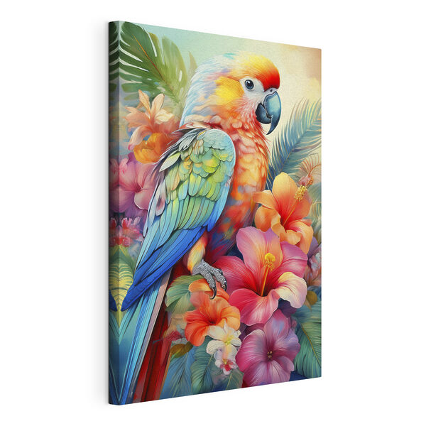 Kleurrijke papegaai op bloemenachtergrond Canvas Schilderijen Kleurrijke papegaai op bloemenachtergrond