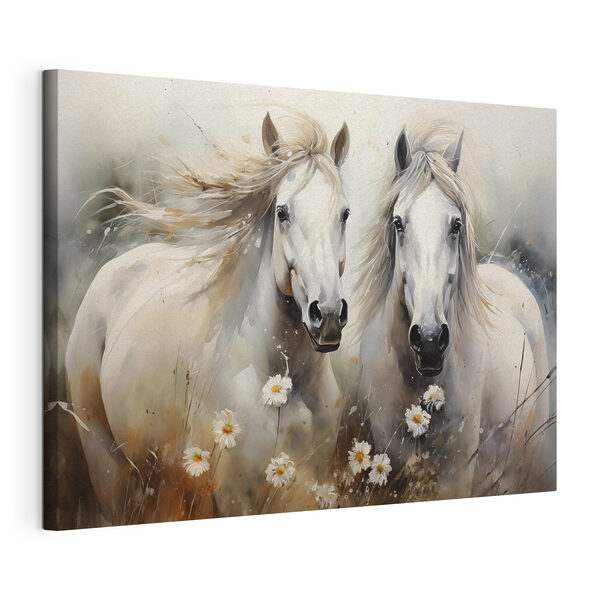 Schilderij van paarden met bloemen Canvas Schilderijen Schilderij van paarden met bloemen
