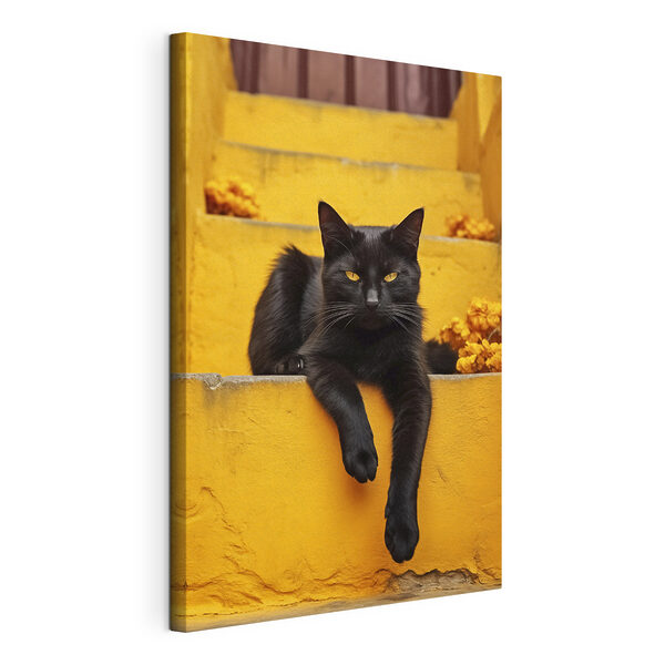 Zwarte kat liggend op een trap Canvas Schilderijen Zwarte kat liggend op een trap