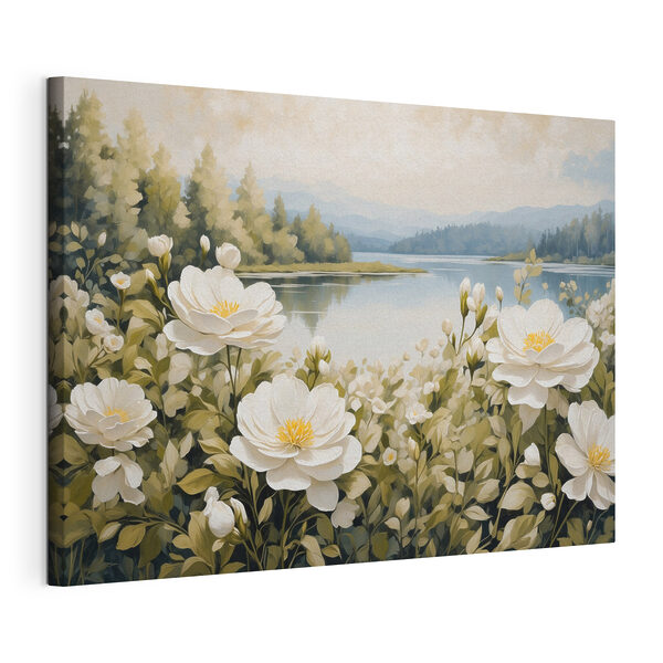 Canvas Schilderijen Schilderij van bloemen bij een meer