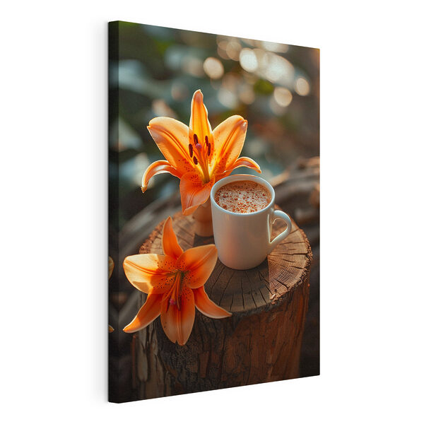 Kopje koffie en oranje bloemen Canvas Schilderijen Kopje koffie en oranje bloemen