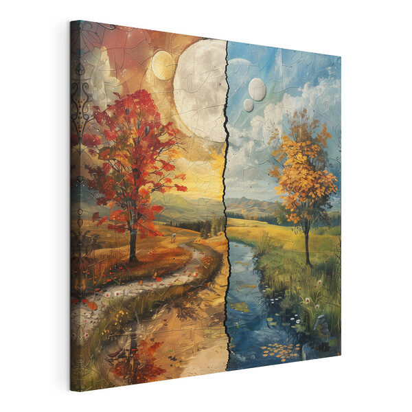 Canvas Schilderijen Puzzel van een landschap met bomen en een rivier