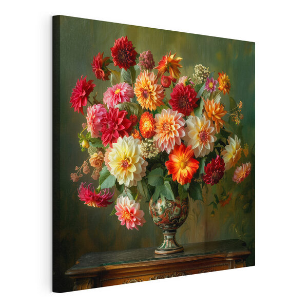 Canvas Schilderijen Vaas met bloemen op een tafel