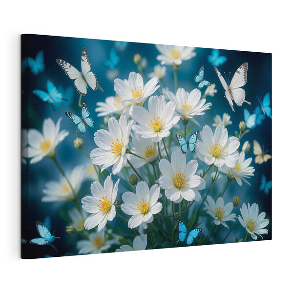 Groep vlinders vliegend rond een witte bloem Canvas Schilderijen Groep vlinders vliegend rond een witte bloem