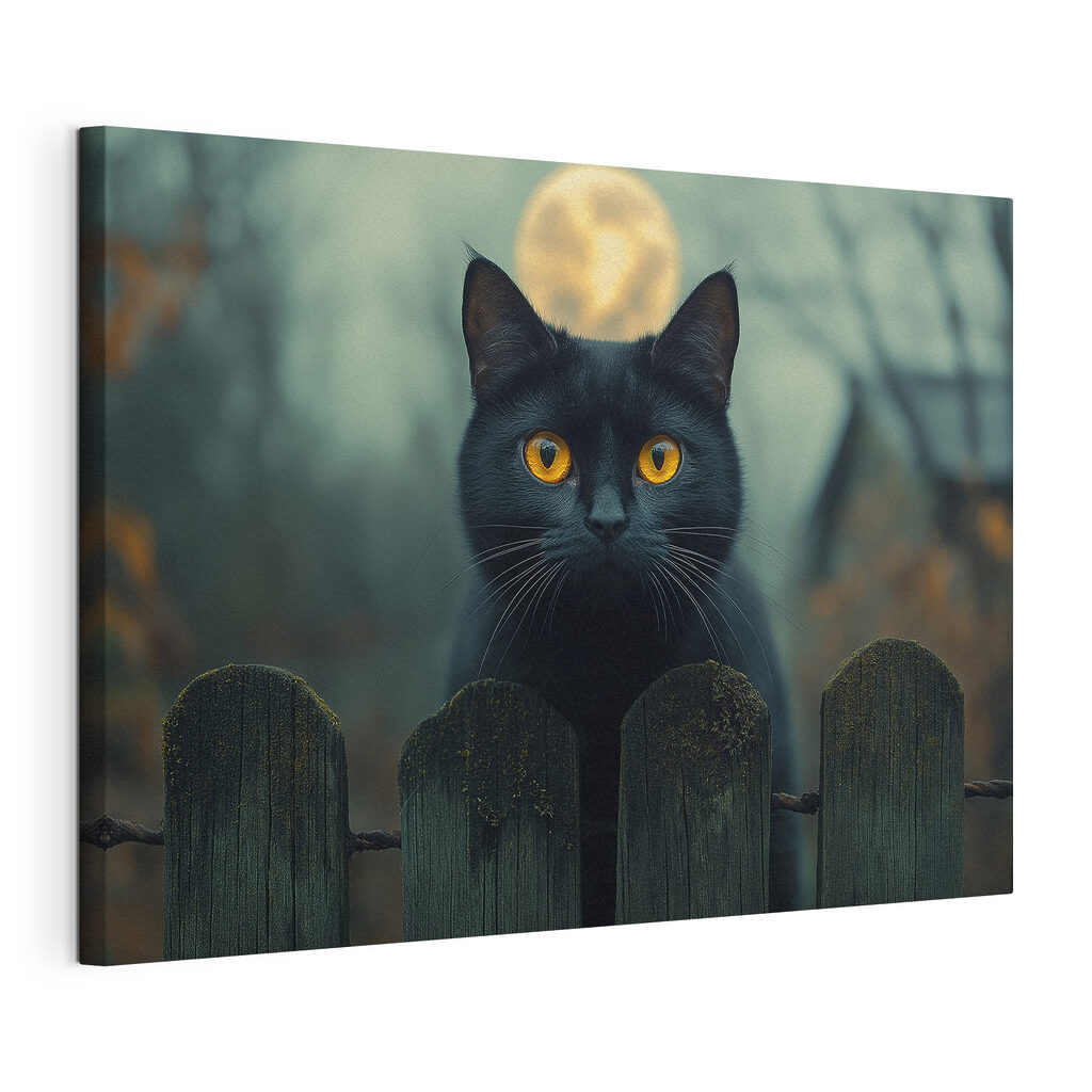 Black cat with yellow eyes behind a fence